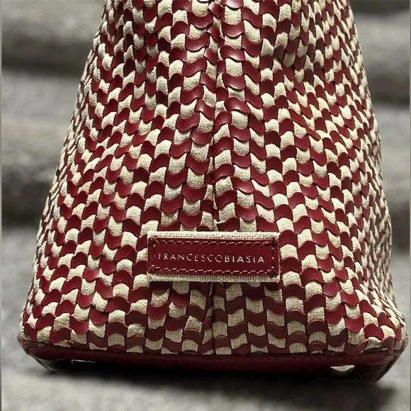 Francesco Biasia Italian Leather & Linen Basket Weave Bucket Bag Handbag Women - Picture 3 of 12